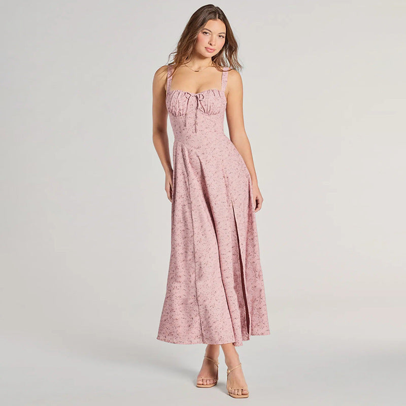 European And American Spring And Summer Floral Backless Slim Fit Sleeveless Split Dress