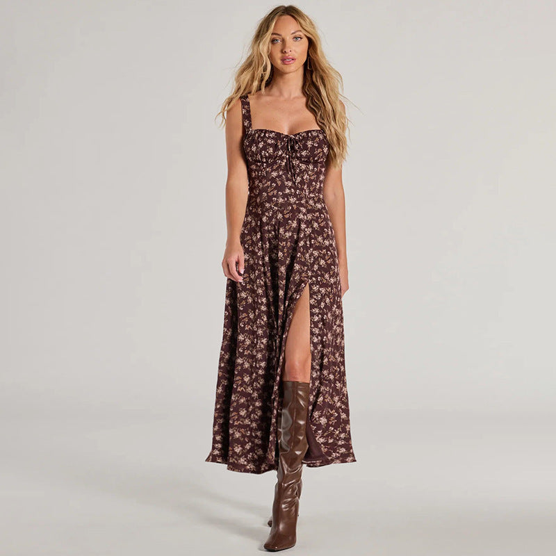 European And American Spring And Summer Floral Backless Slim Fit Sleeveless Split Dress