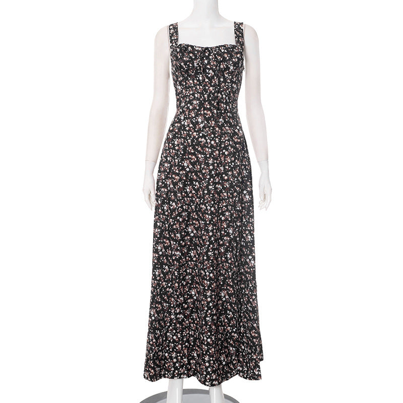 European And American Spring And Summer Floral Backless Slim Fit Sleeveless Split Dress