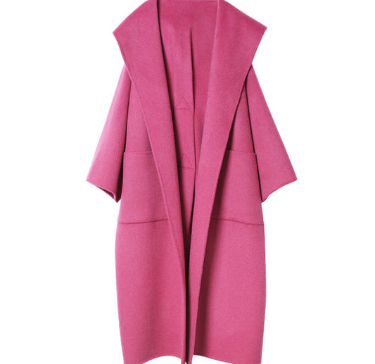 Women's Rose Red Reversible Hooded Cashmere Overcoat Mid-length
